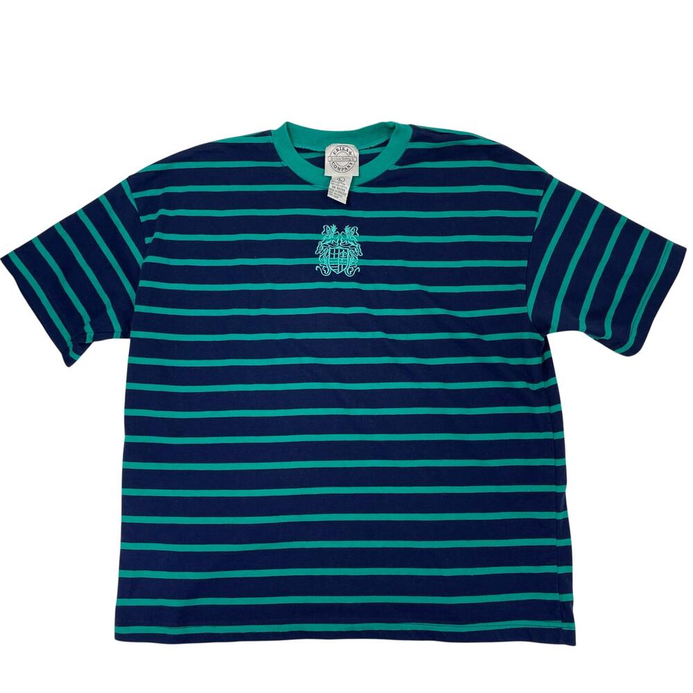 Erika & Company Vintage Striped Crest T-Shirt Embroidered Logo Teal Women Large